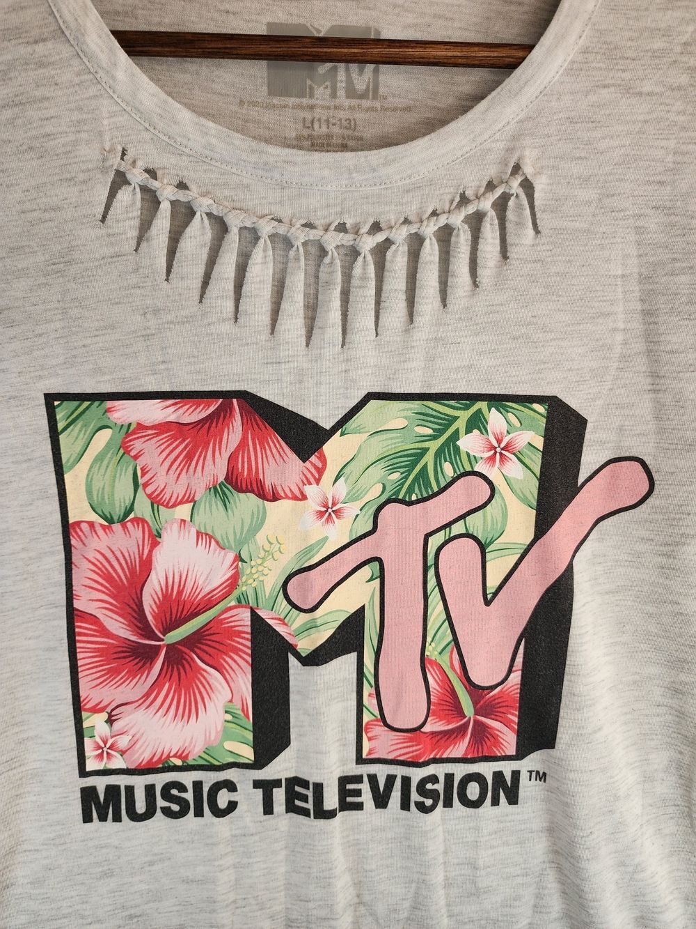 MTV Tropical Floral Logo Tee - Light Gray with Pink & Green